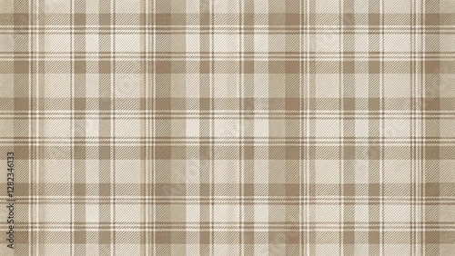 Classic checkered plaid fabric with a subtle sheen in neutral tones featuring soft beige and cream colors on a muted gray background, vintage plaid, sophisticated appeal