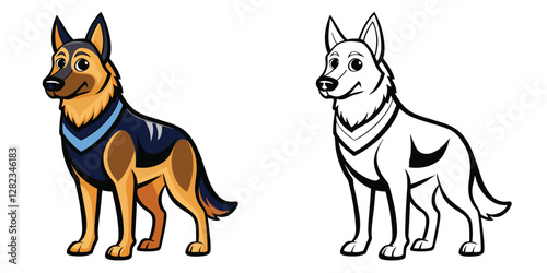 Police Dog Coloring Page For Kids. Police Coloring Workbook For Preschool. Police Dog Cartoon Outline Vector Illustration