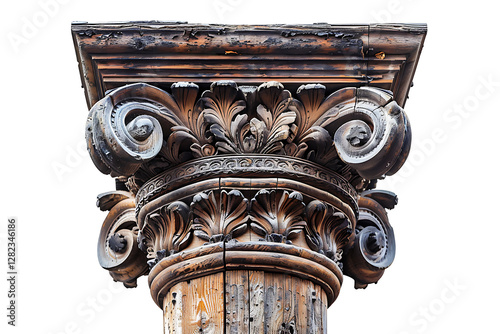 vintage architecture, distinct old russian wooden column stands out against a white backdrop with a simple and imposing design