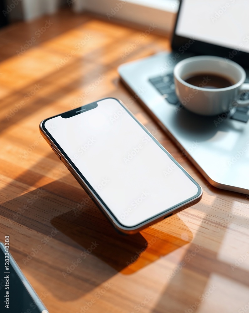 A modern smartphone with a blank white screen, placed on a sleek wooden desk. A modern smartphone with a blank white screen, placed on a sleek wooden desk.