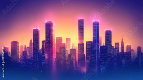 Glowing City Skyline Silhouette at Night with Vibrant Pink and Blue Lights
