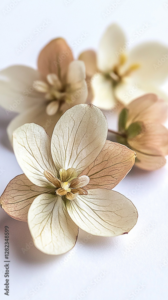 Naklejka premium Delicate pastel-colored flowers arranged gracefully on a soft white background, evoking tranquility