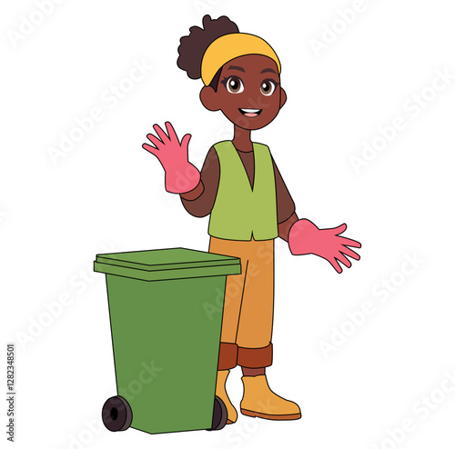 Cartoon Female African Trash Collector Vectors Illustration
