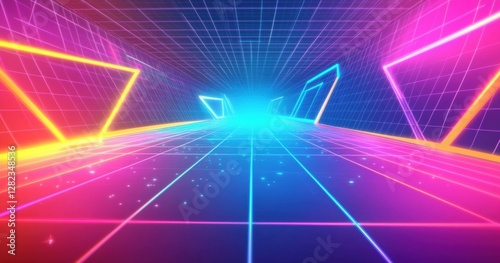 Abstract background with colorful triangles and lines in the style of 80s retro, vaporwave aesthetic, geometric shapes Generative AI