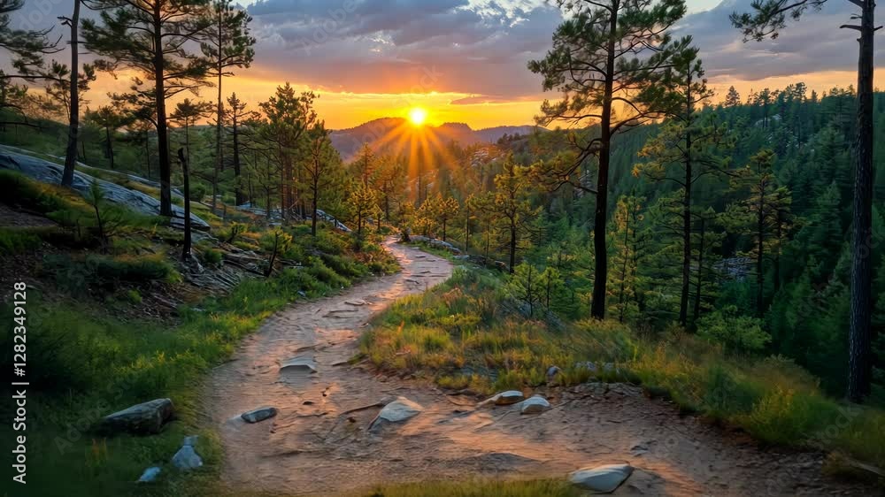 Sunset path through a pine forest on a rocky hillside. Sunset path through a pine forest on a rocky hillside.