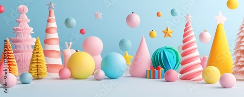 Colorful christmas trees and ornaments filling a festive background