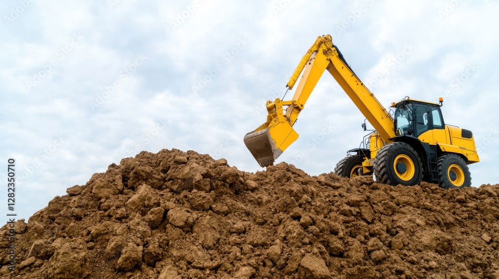 Excavator digging soil, construction site, cloudy sky Excavator digging soil, construction site, cloudy sky