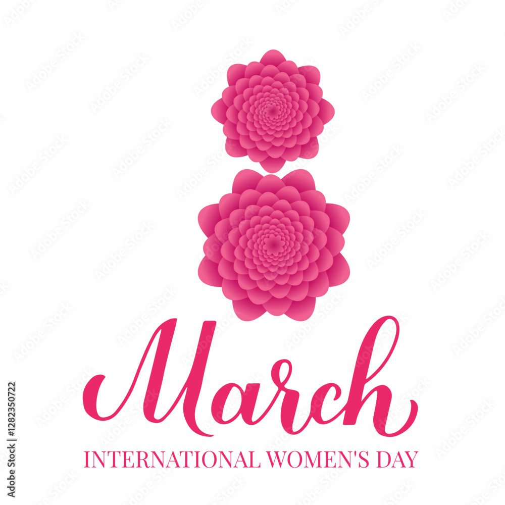 March 8 calligraphy lettering isolated on white. International Women’s Day typography poster. Number eight made of flowers. Vector template for greeting card, banner, flyer, sticker, etc.