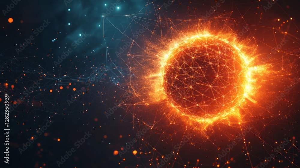 Fototapeta premium Abstract Spherical Network in Deep Space Orange and Blue Galaxy Background
