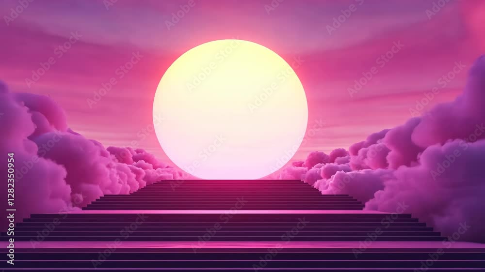 Sunset over a mysterious staircase surrounded by fluffy clouds in a vibrant pink sky