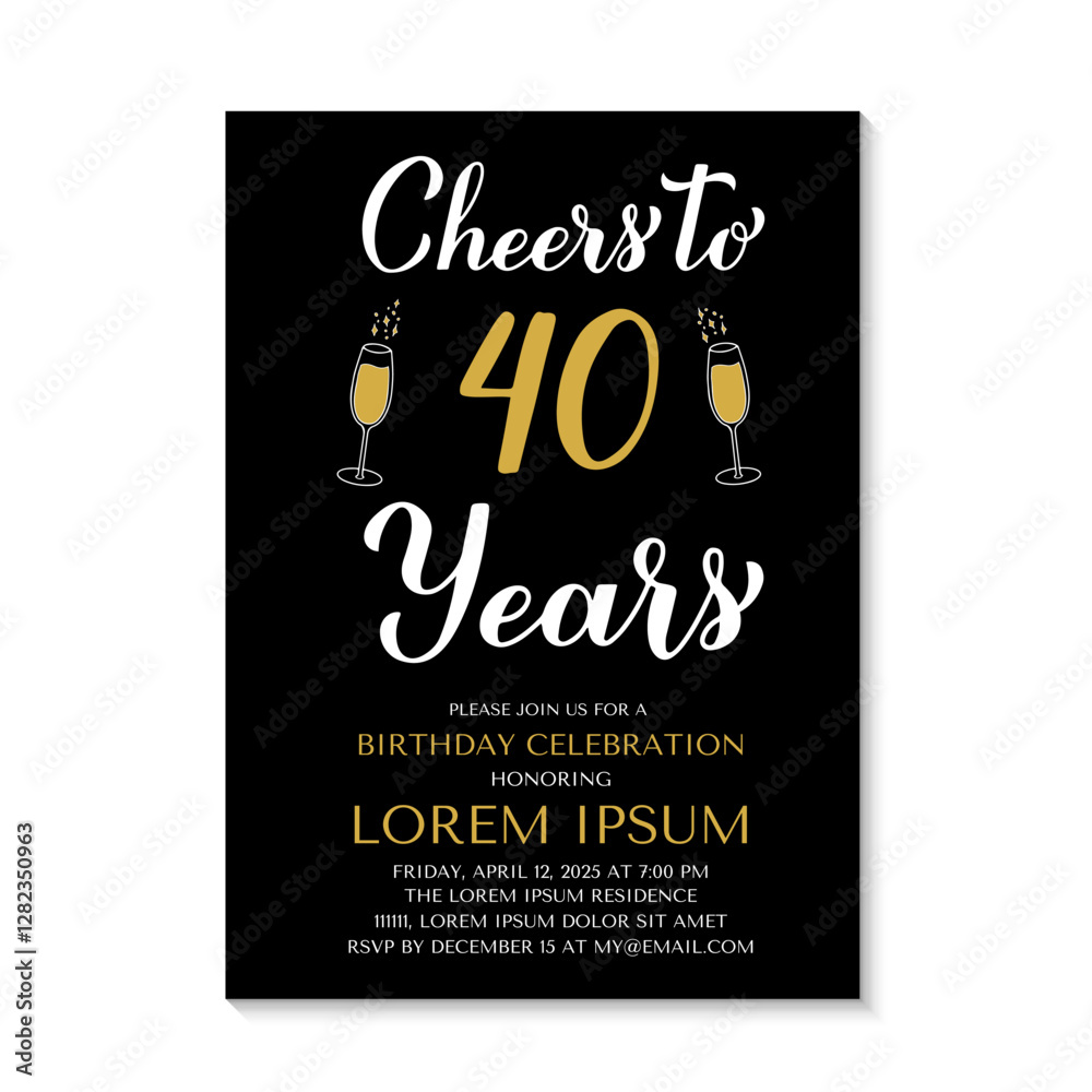 40th Birthday or Anniversary invitation card. Cheers to 40 years. Birthday Party invite. Vector template.