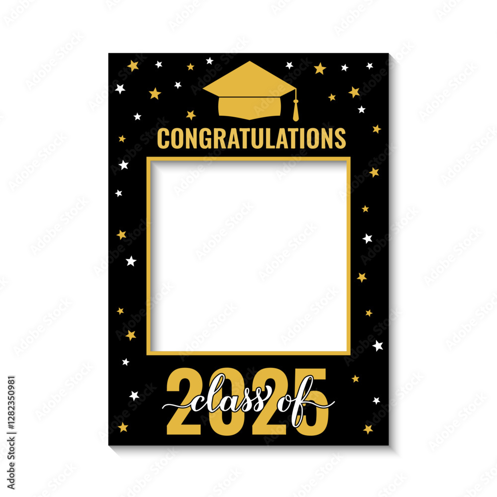 Class of 2025 photo booth frame isolated on white. Graduation party photobooth props. Grad celebration selfie frame. Vector template. Class of 2025 photo booth frame isolated on white. Graduation party photobooth props. Grad celebration selfie frame. Vector template.