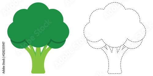 Trace and Color Cartoon Broccoli. Printable Worksheet. Educational Coloring Page For Kids. Broccoli Vector Design