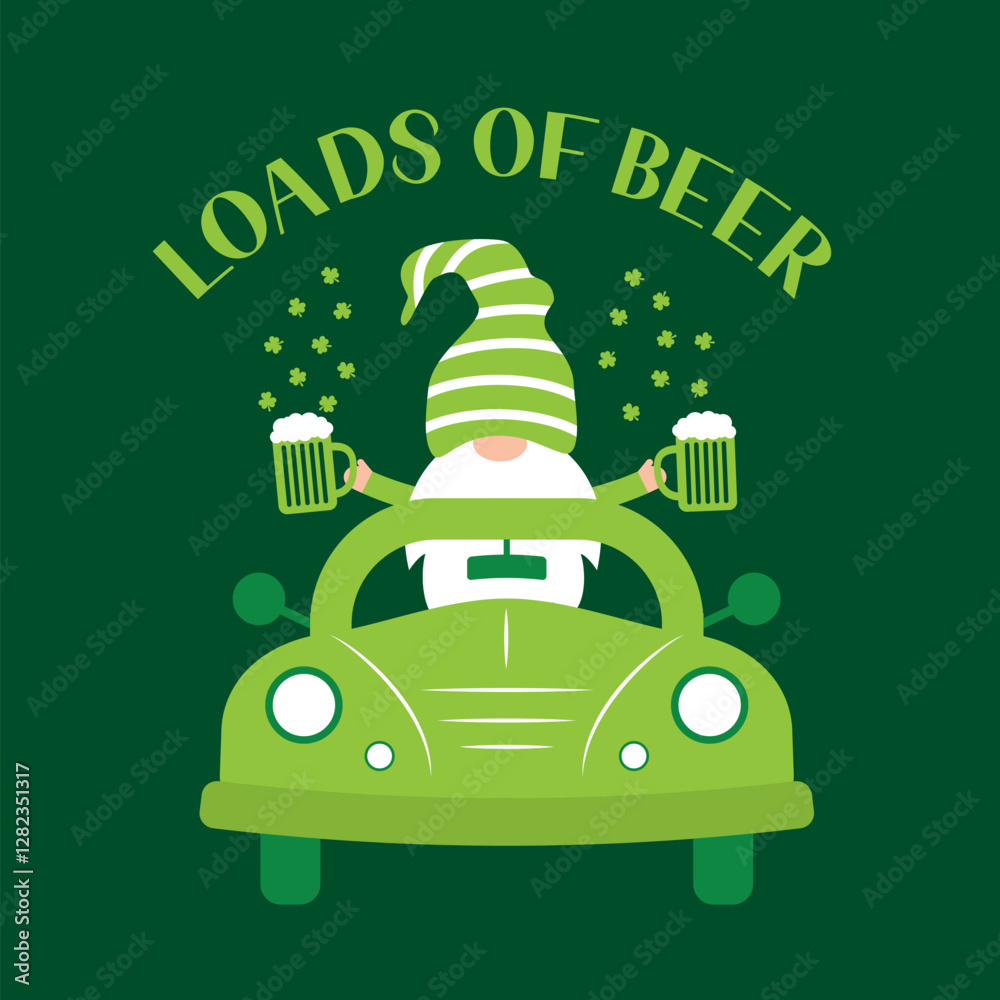 St. Patrick’s day retro truck with cute cartoon gnome. Loads of beer lettering. Saint Patricks day greeting card. Vector template for banner, poster, flyer, postcard, etc.