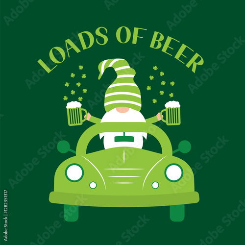 Obraz na płótnie St. Patrick’s day retro truck with cute cartoon gnome. Loads of beer lettering. Saint Patricks day greeting card. Vector template for banner, poster, flyer, postcard, etc. w salonie