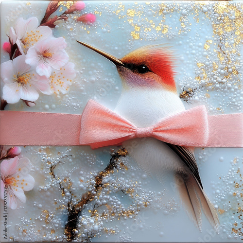 A vibrant digital artwork or print showcasing a red-crested cardinal on a golden background with blue floral patterns The bird wears a pink bow tie, and the style suggests a blend of r - AI-Generated photo