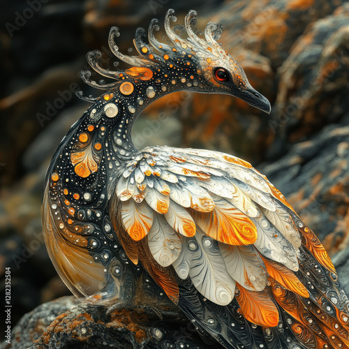 A vibrant peacock sculpture stands on a textured gray rock base, showcasing contrasting orange and blue tones with black spots, while its fan-like tail feathers display colors reminisce - AI-Generated