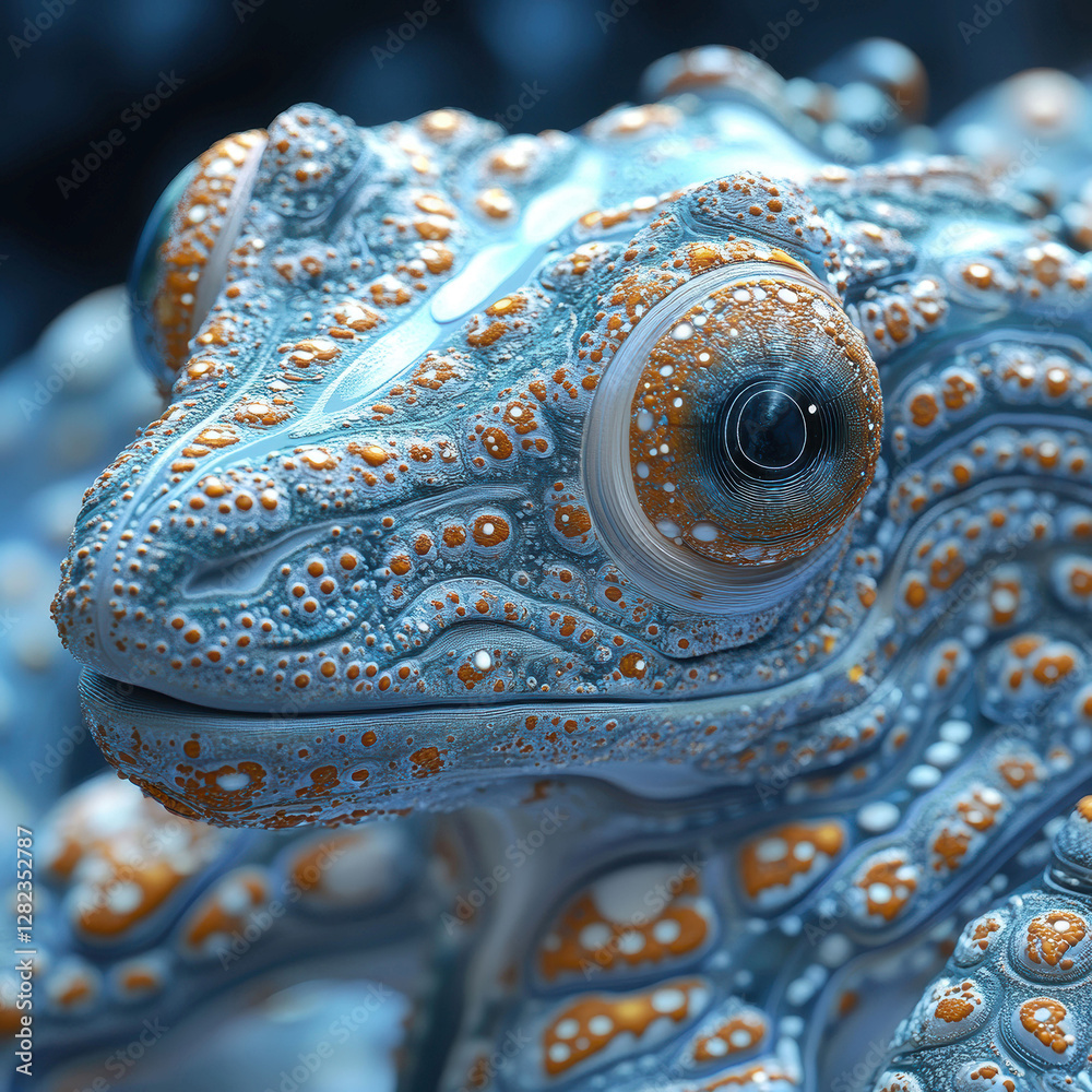 Obraz premium Close-up image of a vibrant Mexican salamander axolotl, characterized by blue and orange skin with fish scale-like spots, large eyes - AI-Generated