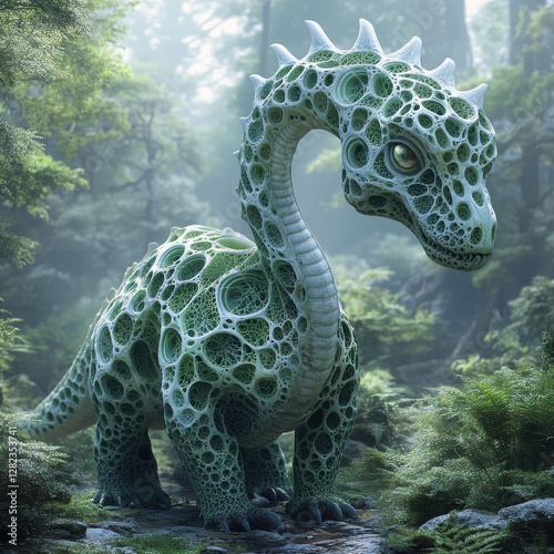 Image shows a fantastical, animated dinosaur in a lush forest environment The dinosaur is green with textured scales, has large eyes, and displays an imposing stature Background sugge - AI-Generated photo