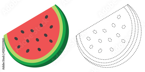 Trace and Color Cartoon Watermelon Slice. Handwriting Practice For Kids. Fruits Coloring Printable. Cut Half Watermelon Vector Design