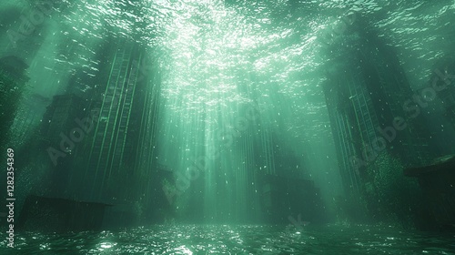 Underwater city, submerged architecture, mysterious depths, photorealistic scene, stock image photo