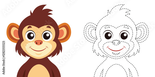Trace and Color Monkey Cartoon. Hand Drawing Practice For Kids. Monkey Coloring. Cute Monkey Cartoon Character Vector Design