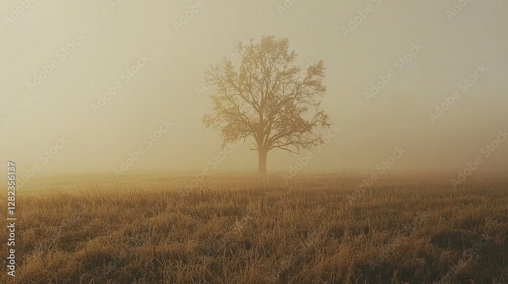 Solitary tree in foggy field at sunrise. Solitary tree in foggy field at sunrise.