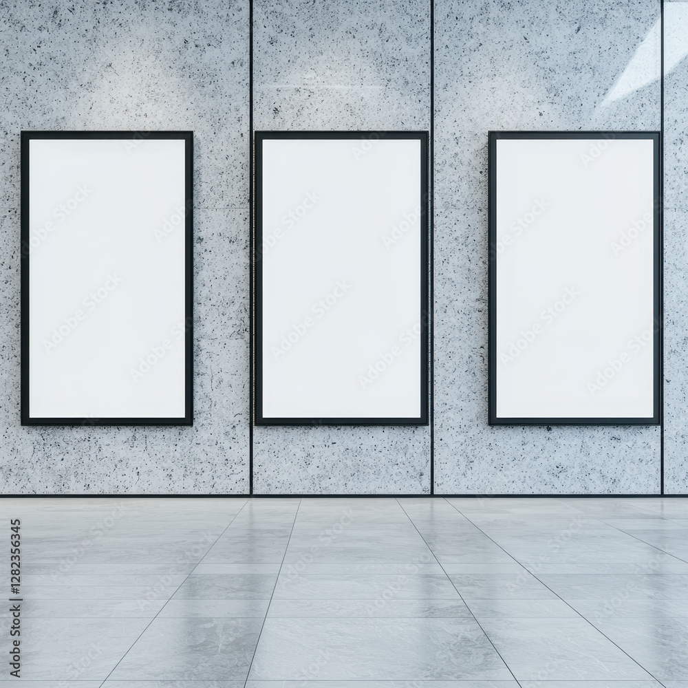 Minimalist Gallery Interior with Empty Frames on Concrete Wall Minimalist Gallery Interior with Empty Frames on Concrete Wall
