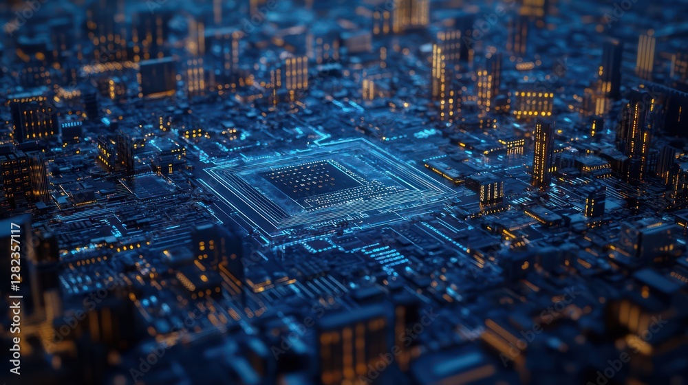 Obraz premium Cityscape Microchip Night Technology Future