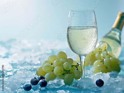 Refreshing glass of sparkling wine with chilled grapes and blueberries on a cool surface