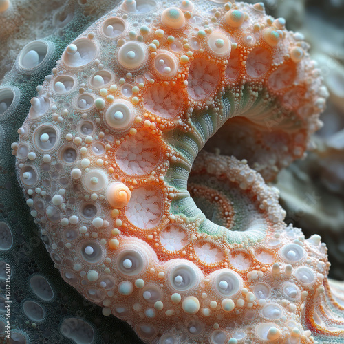 Close-up image of an octopus tentacle with intricate chromatophore patterns, ranging from deep orange to lighter shades - AI-Generated photo