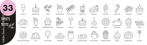 Sweets and pastries editable stroke thin line icons set. Ice-cream, pancakes, chocolate, cake, candy, cookie, donut, eclair, jelly, macarons, cupcake, muffin, lollipop, croissant, vector illustration