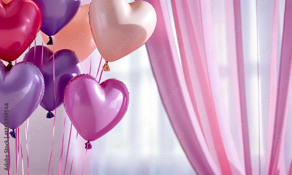 Colorful heart and balloon decorations in pink and purple create festive atmosphere for joyful celebration party.