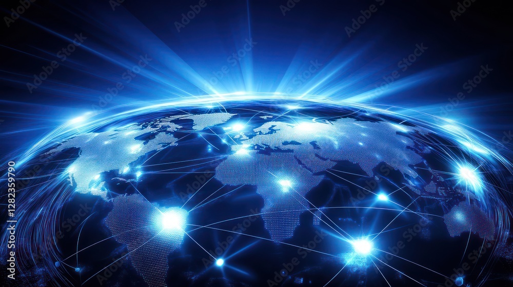 Obraz premium Global network connection, data transfer, world map, blue light, technology
