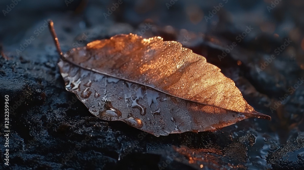 Icy leaf on dark rock at sunset. Icy leaf on dark rock at sunset.