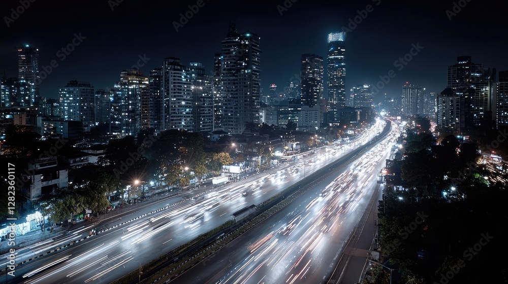 Fototapeta premium Night City Skyline Highway Traffic
