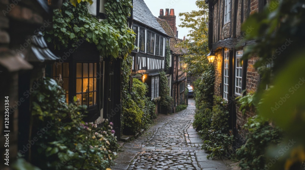 English Village Cobblestone Street with Tudor Style Buildings and Greenery English Village Cobblestone Street with Tudor Style Buildings and Greenery