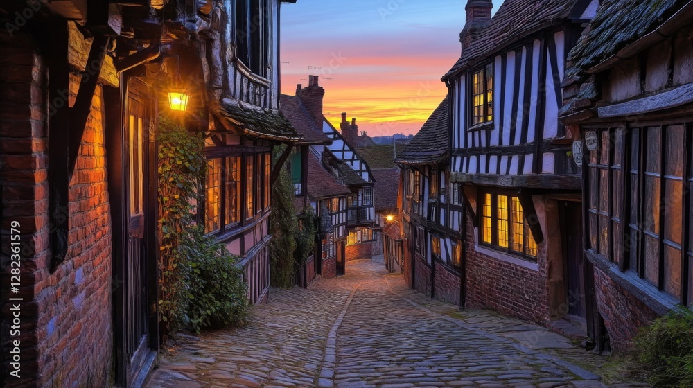 Fototapeta premium Cobblestone Street Leading Through Historic Village at Twilight with Colorful Sky