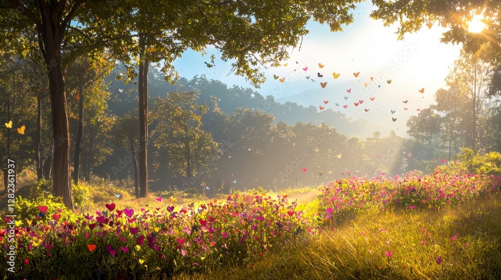 Obraz premium Field of colorful flowers with digital elements resembling blooming tweets in a vibrant garden setting
