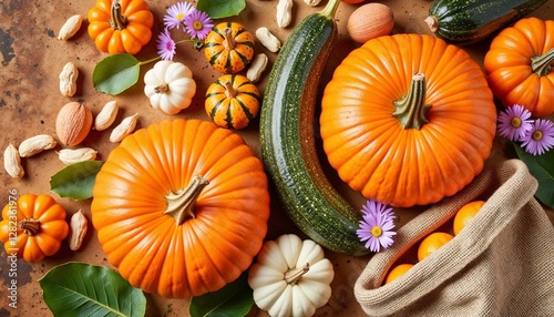 Flatlay of Indian gourds, snake gourds, lilac flowers, and nuts photo