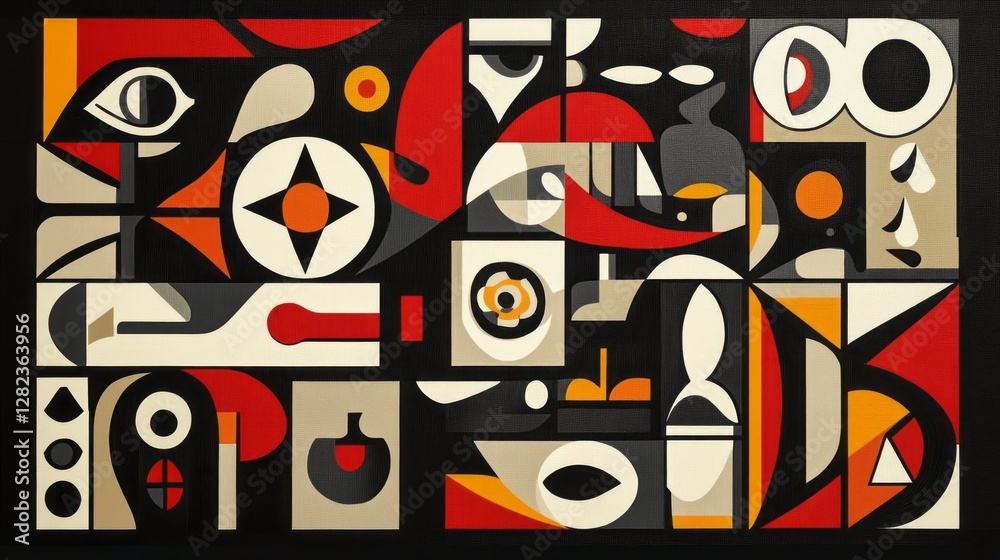 Fototapeta premium Abstract geometric composition features red black orange and beige colors