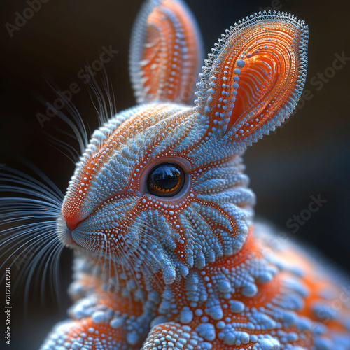 A fantastical, color-changing rabbit-like creature with scaly texture is depicted in a realistic yet surreal style The background suggests a natural environment, possibly water or plan - AI-Generated photo