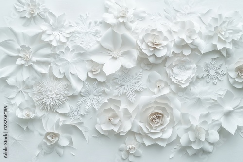 White paper flowers and snowflakes creating a winter wonderland