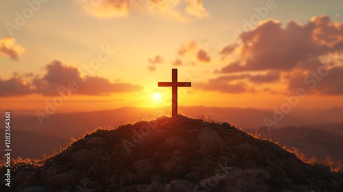 Silhouette of a cross at sunset on a hilltop with dramatic clouds and vibrant colors in the sky