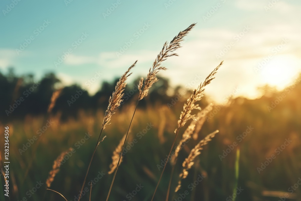 Dry grass swaying in golden sunset light over meadow Dry grass swaying in golden sunset light over meadow