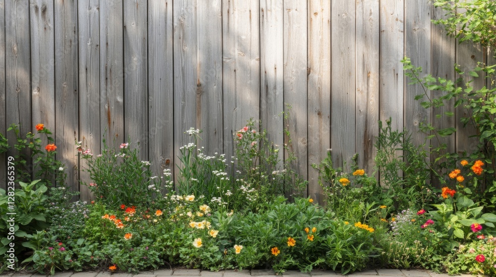 Fototapeta premium Rustic Wooden Fence Adorned With Vibrant Colorful Flower Garden In Daylight