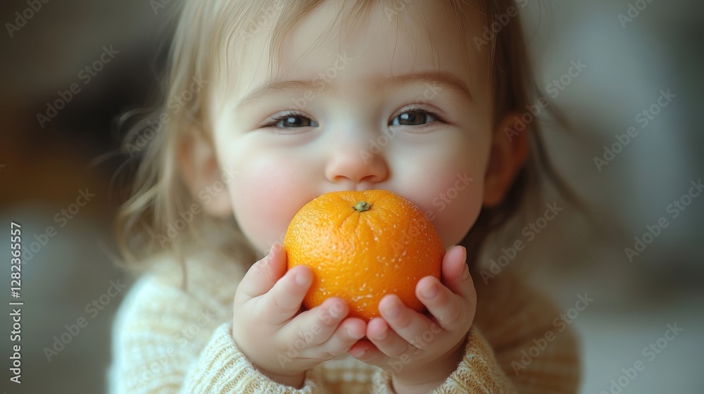 Adorable Child Holding Fresh Orange with Cheerful Expression in Soft Natural Light Adorable Child Holding Fresh Orange with Cheerful Expression in Soft Natural Light