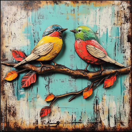 Old-fashioned postcard with a distressed blue background depicting a couple of birds  facing each other. Artwork panel.
