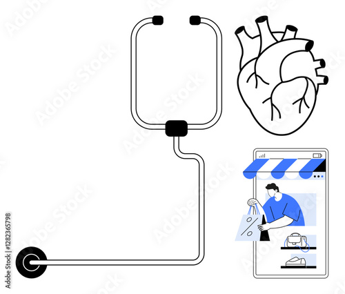 Stethoscope connecting to heart, smartphone screen with person shopping. Ideal for health, technology, e-commerce, connection, monitoring, modern life, abstract line flat metaphor