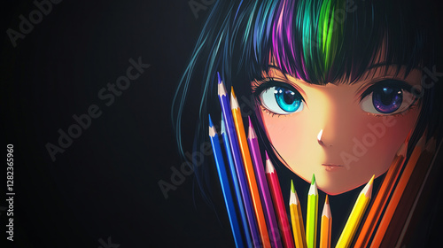 A close-up of rainbow-colored pencils showcasing vibrant hues perfect for art creativity and sketching. AI generative photo